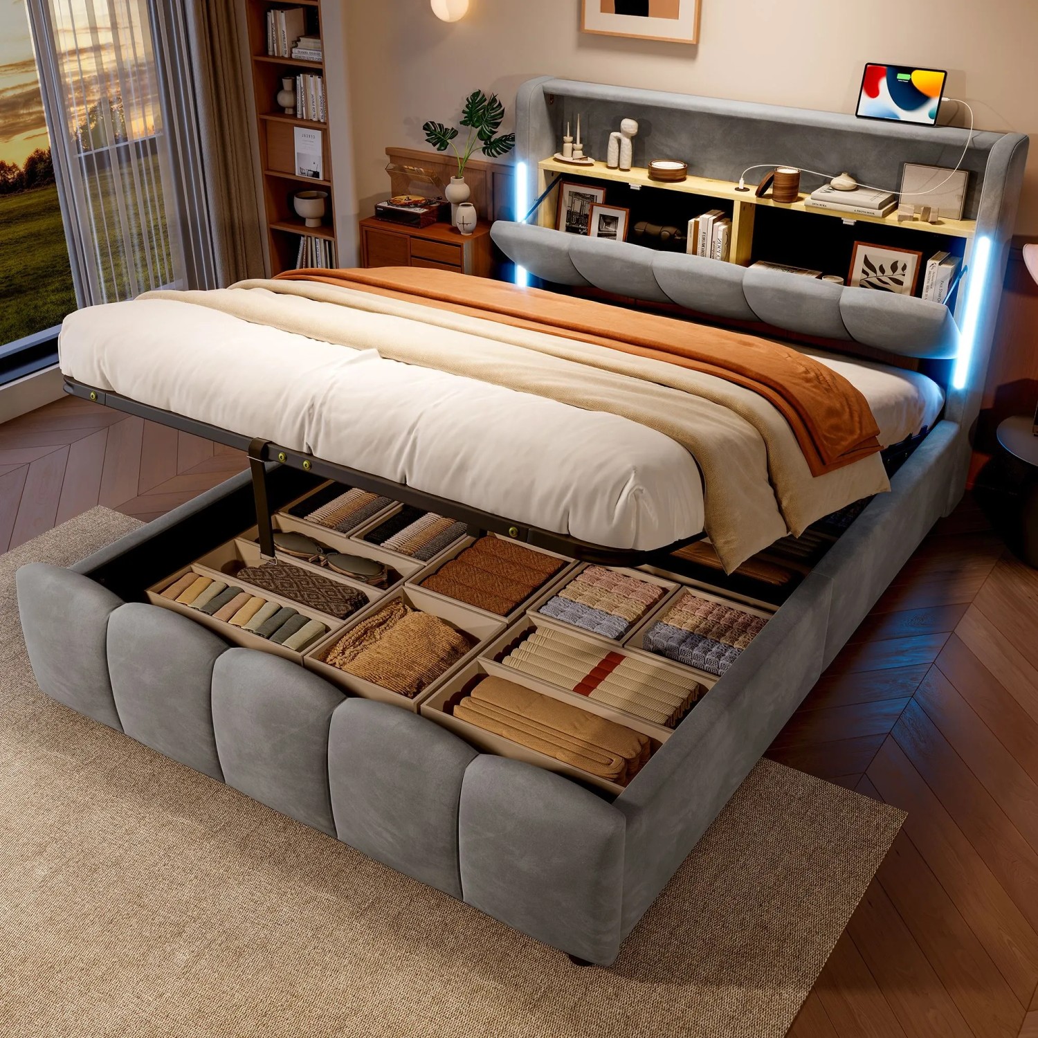 okwish Polsterbett 140x200cm mit LED Beleuchtung Schlafzimmer Grau ohne Matratze_2