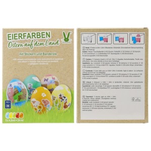 Flüssige Eierfarben mit Bauernhof-Motiven und Stickern für bunte Ostereier.