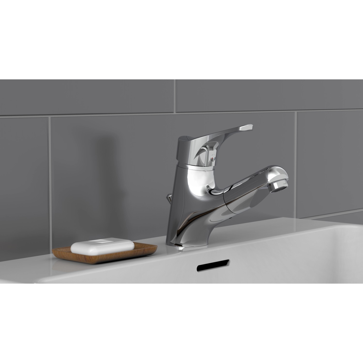 Chrom Waschbeckenarmatur Attica mit ausziehbarer Haarbrause auf einem weißen Waschbecken.