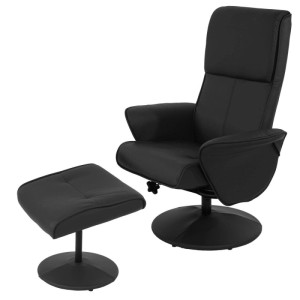 Schwarzer Relaxsessel Stockholm mit Hocker, Kunstlederbezug, drehbar und verstellbar.