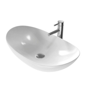 Weißes ovales Keramik-Aufsatzwaschbecken Emke mit modernem Design und Chromarmatur für Ihr Bad.