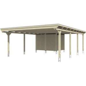 Weißer Skan Holz Carport Emsland mit Abstellraum, Doppelcarport aus Holz mit Flachdach.