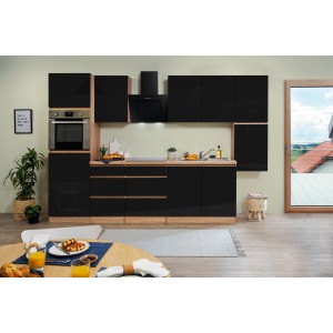 Respekta Küchenzeile 320 cm, grifflos, schwarz hochglanz mit Eiche sägerau Dekor. Ohne E-Geräte.