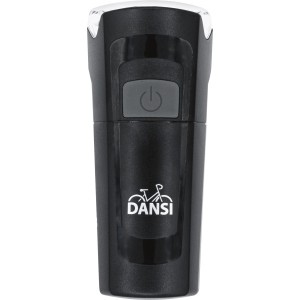 Schwarze LED-Fahrradlampe aus dem 2-teiligen Fahrradleuchten-Set mit An-/Ausschalter und Dansi Logo.