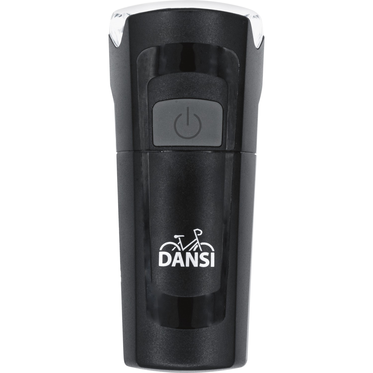 Schwarze LED-Fahrradlampe aus dem 2-teiligen Fahrradleuchten-Set mit An-/Ausschalter und Dansi Logo.