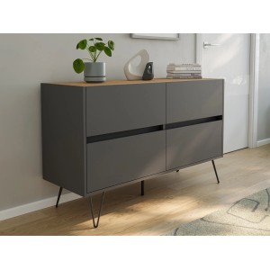 Posseik Sideboard Industrial E, 120 cm, Grafit/Eiche, mit 4 Schubladen und Metallfüßen.