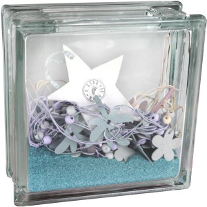 Fuchs Dekoglasstein Vollsicht, gefüllt mit Deko-Elementen wie Stern, Blumen und Sand.