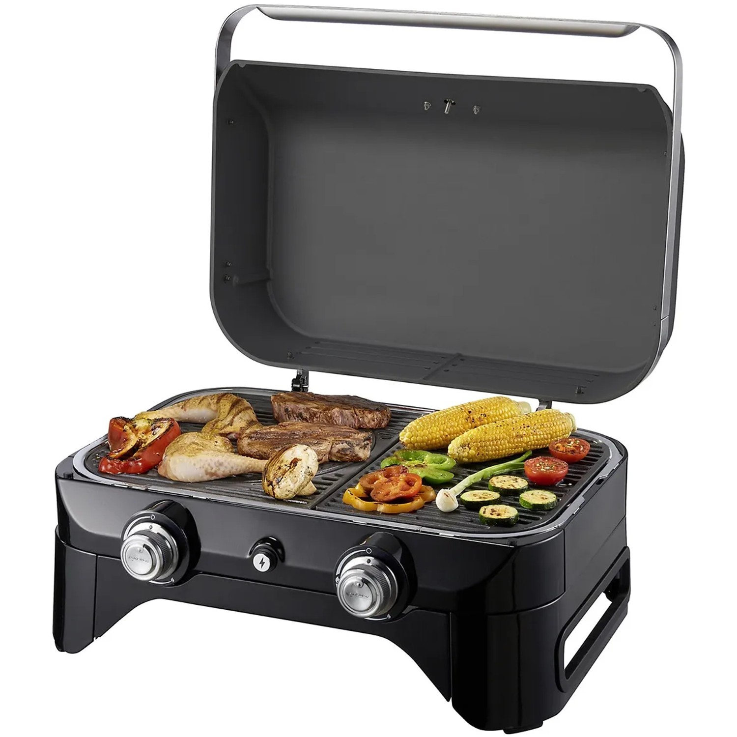 Campingaz Attitude 2100 LX Gas-Tischgrill mit Grillgut, Deckel geöffnet.