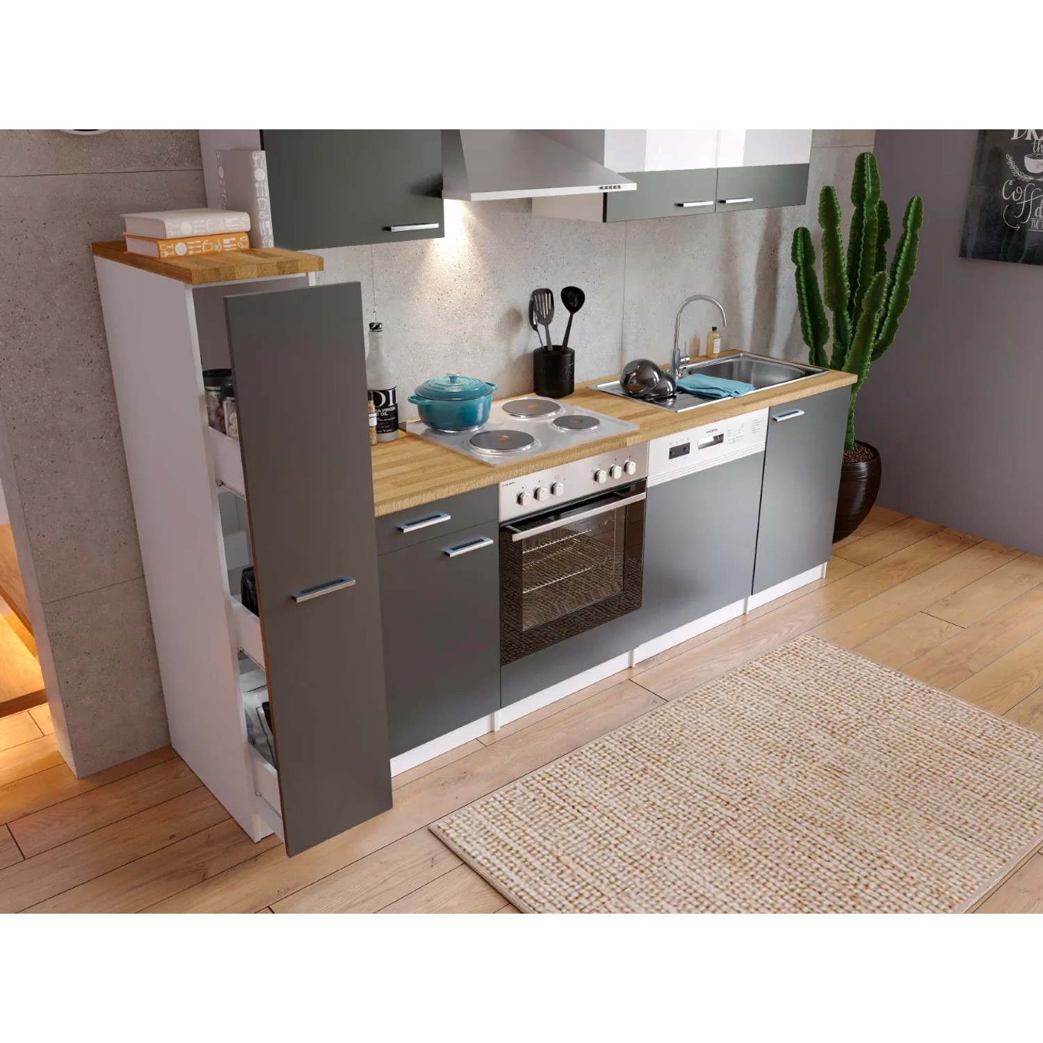 Respekta Küchenzeile KB250WG in Grau-Weiß mit E-Geräten und Arbeitsplatte in Nussbaumoptik.