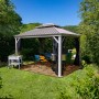 Sojag Pavillon Messina 12x16 Champagner mit Moskitonetzen im Garten.