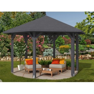 Schiefergrauer Skan Holz Pavillon Nancy 3 aus Leimholz, 480x416 cm, mit Massivholzdach im Garten.