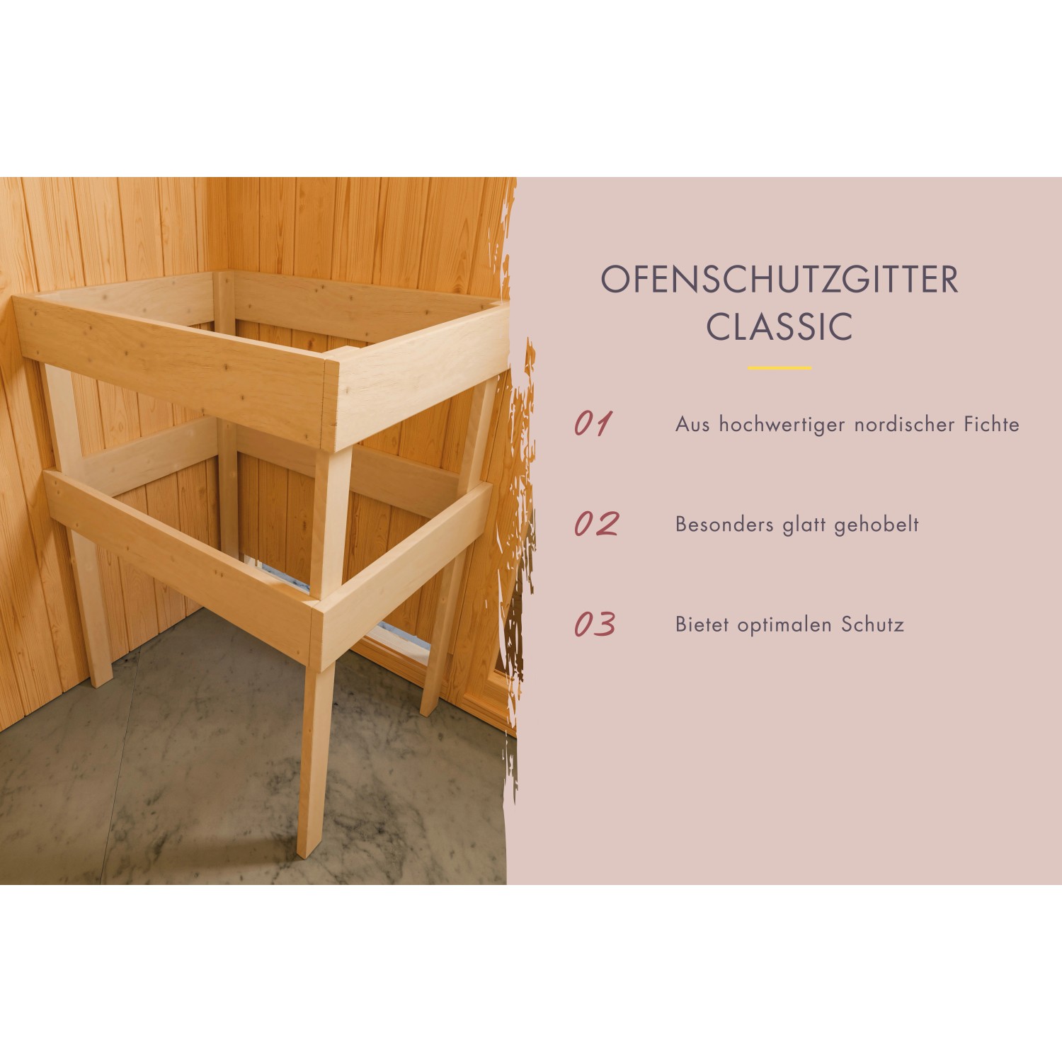 Ofenschutzgitter Classic aus Fichte für Karibu Saunahaus Magnus 3 Set A.