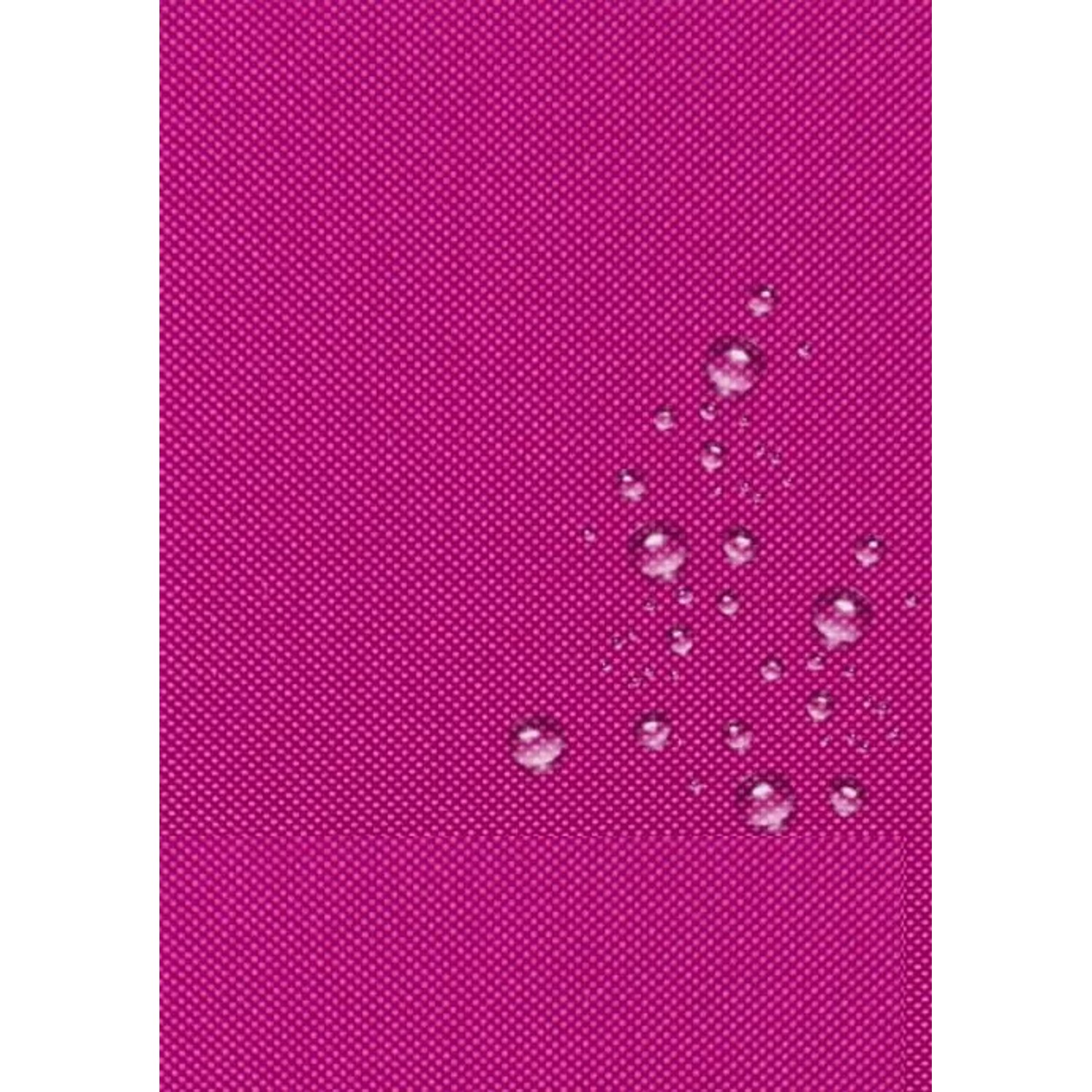 Nahaufnahme des rosafarbenen Palettenkissen-Stoffs mit Wassertropfen. Zeigt wasserabweisende, pflegeleichte Oberfläche.
