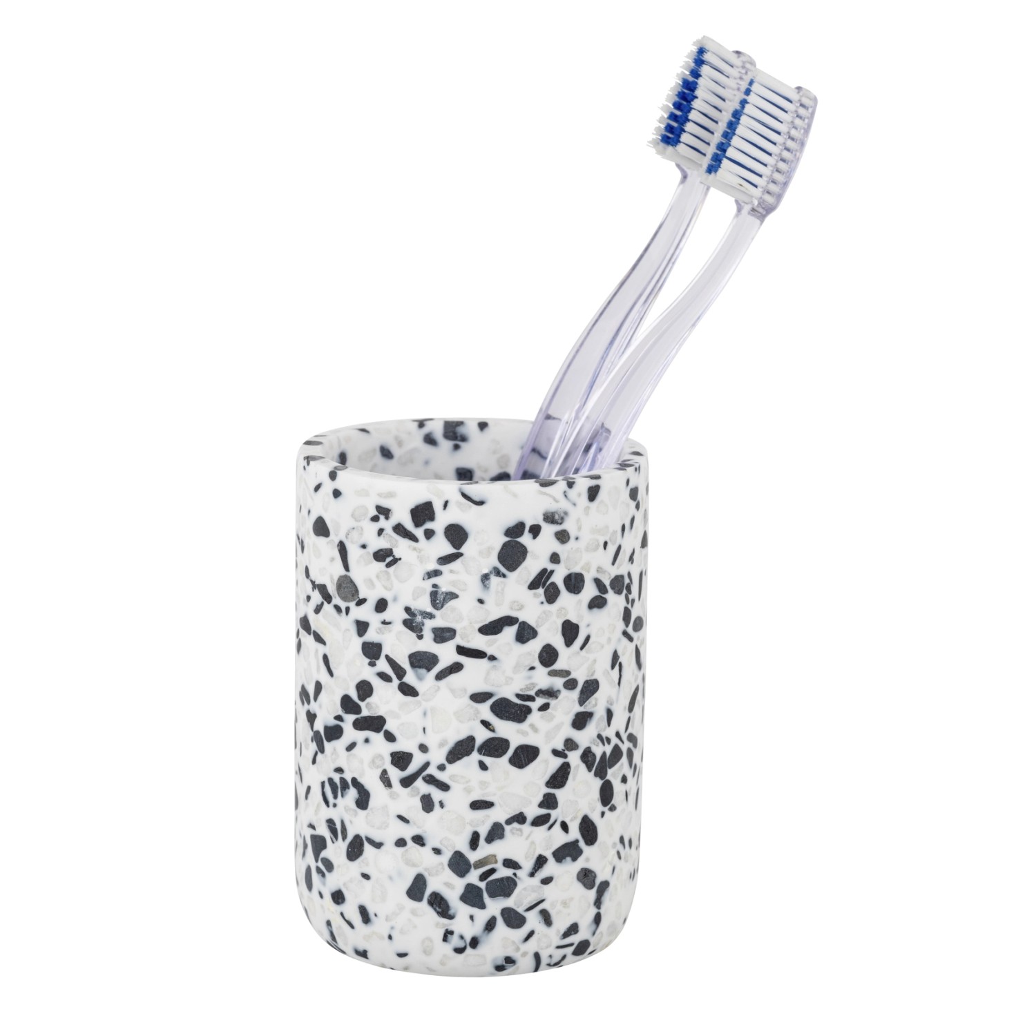 Schöner Wohnen Zahnputzbecher Tosi, weiß mit Terrazzo-Muster und zwei Zahnbürsten.