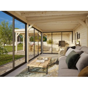 Palmako Pavillon Lenna Set 720, weiß lackiert, mit Schiebetüren und Lounge-Bereich.