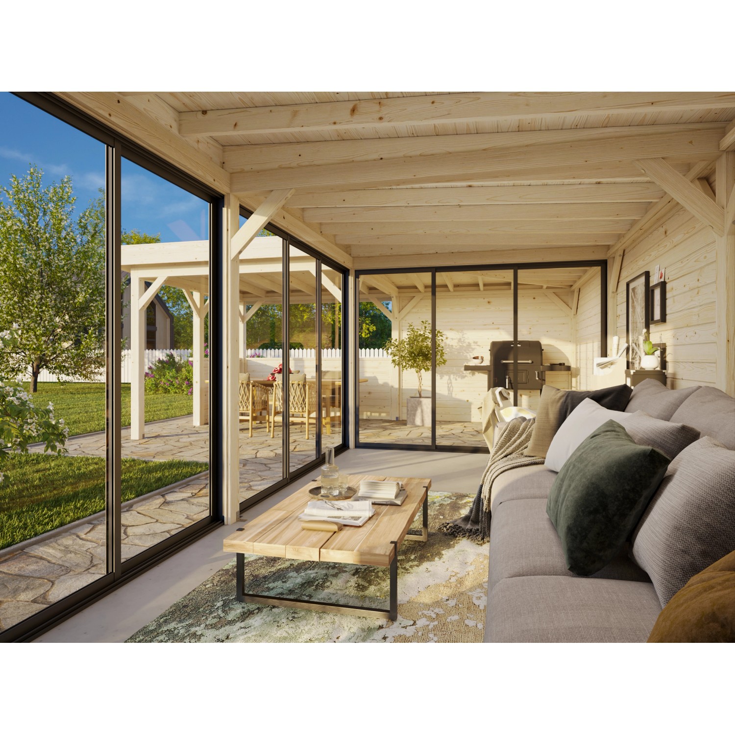 Palmako Pavillon Lenna Set 720, weiß lackiert, mit Schiebetüren und Lounge-Bereich.