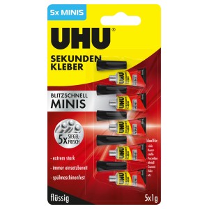 UHU Sekundenkleber flüssig, 5x1g Minis im Blisterpack. Extrem starker, schnell trocknender Kleber für viele Materialien.