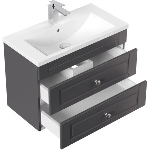 Posseik Badmöbel-Set Carpo SlimLine, anthrazit, mit LED-Spiegel und offenen Schubladen.