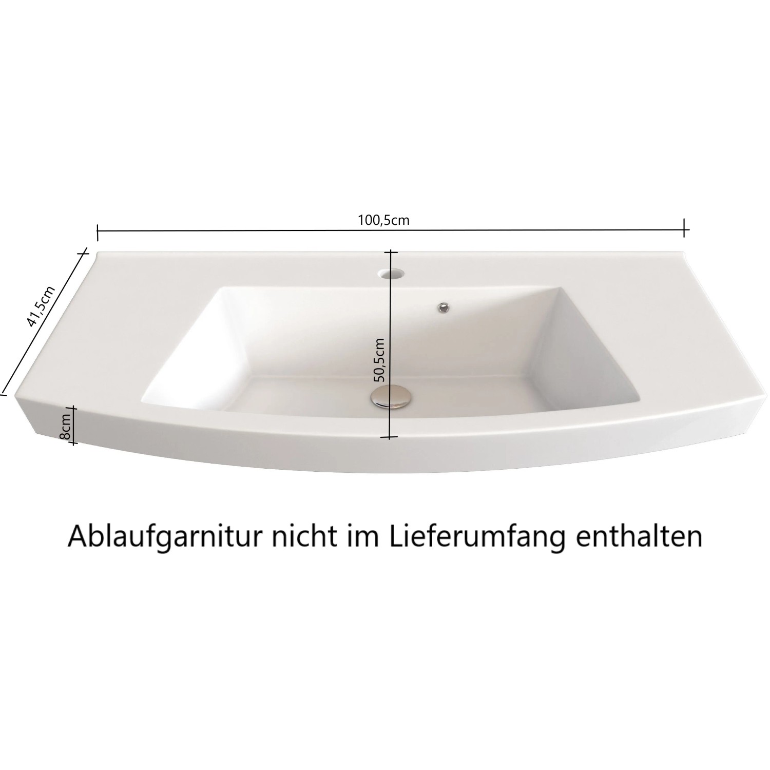 Waschtisch Florenz, 100 cm breit, mit Becken und Maßangaben. Teil des Badmöbel-Sets von Held Möbel.