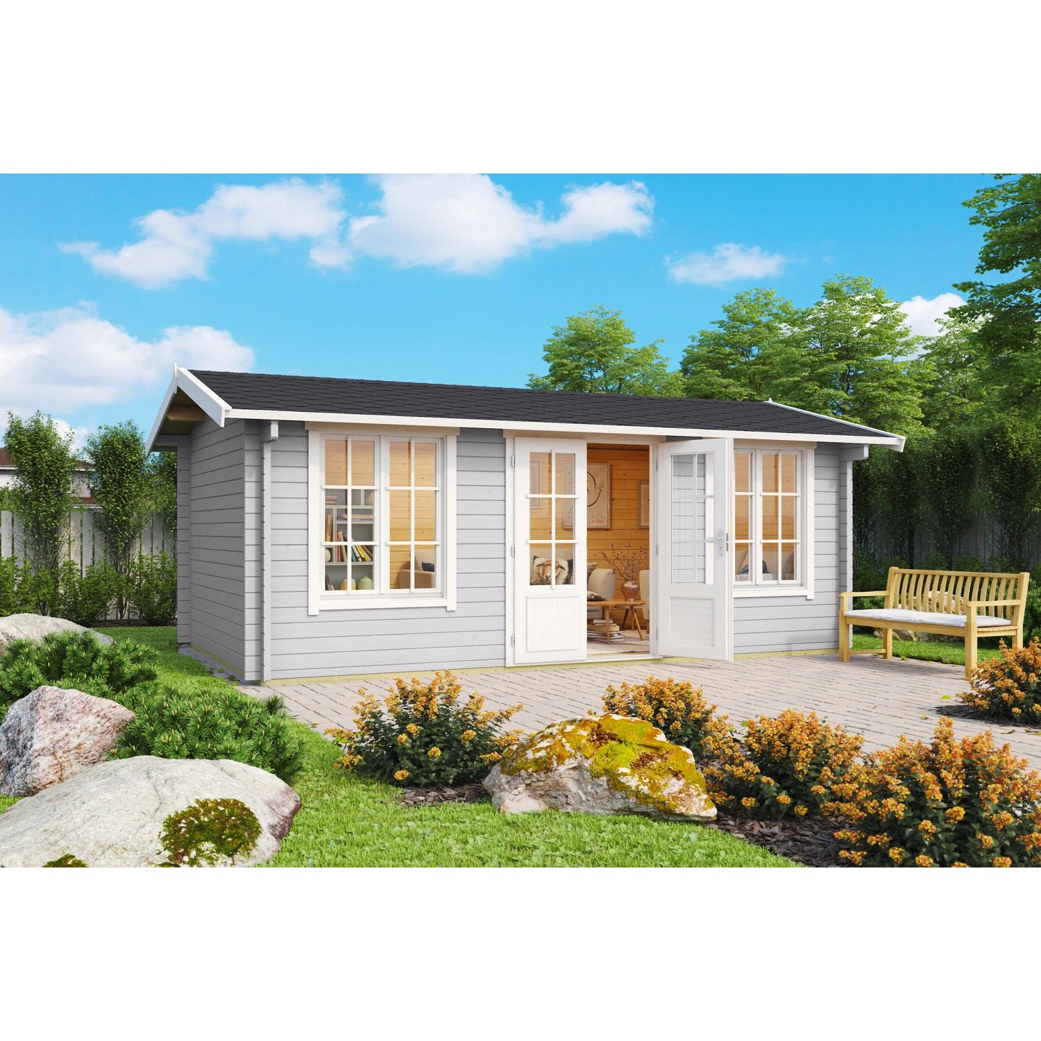 Lichtgraues Lasita Maja Gartenhaus Pembrokeshire mit Doppeltür und Fenster.