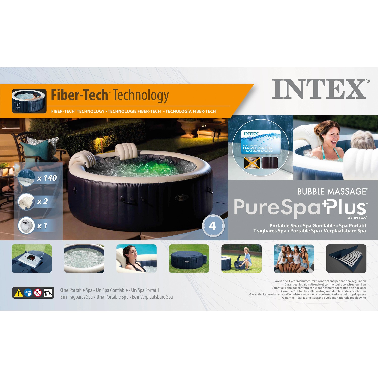 Intex PureSpa Plus aufblasbarer Whirlpool mit Massagefunktion, LED-Beleuchtung und Zubehör.