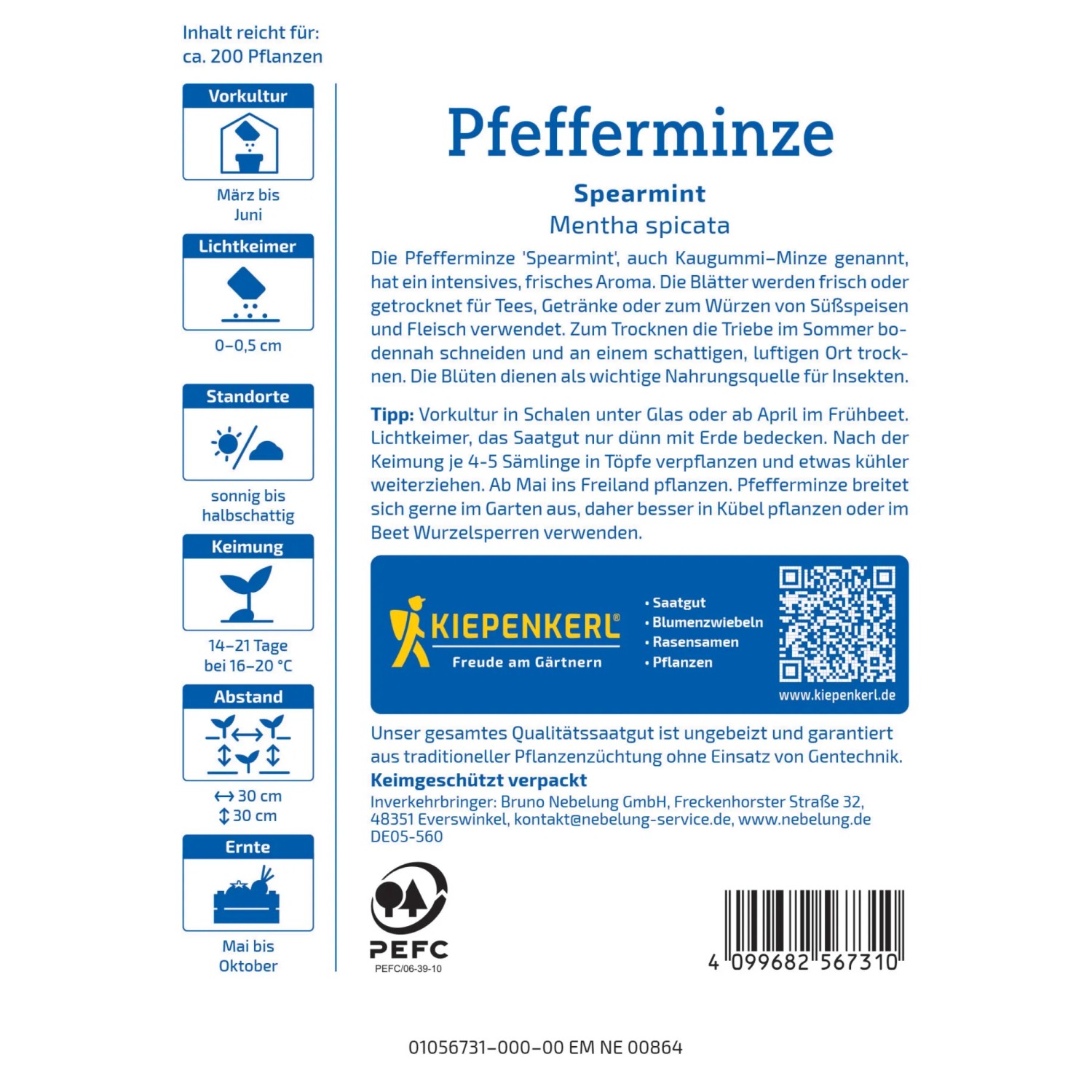 Kiepenkerl Saatgut Pfefferminze Spearmint Packung mit Anbauhinweisen für aromatische Kräuter. Ideal für Tee & Garten.