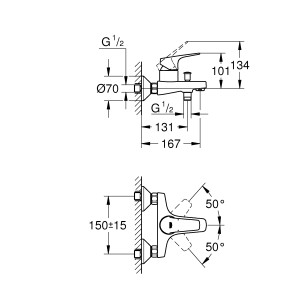 Technische Zeichnung Grohe Einhand-Wannenbatterie BauFlow Chrom mit Maßangaben.