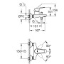 Technische Zeichnung Grohe Einhand-Wannenbatterie BauFlow Chrom mit Maßangaben.