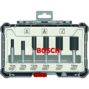 Bosch Nutfräser Set, 6-teilig, 8 mm Schaft, in transparenter Aufbewahrungsbox.