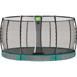 Grünes EXIT Allure Premium Bodentrampolin Ø 427 cm mit Sicherheitsnetz.