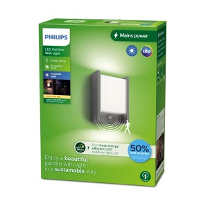 Verpackung der anthrazitfarbenen LED-Wandleuchte Arbour Ultra-Efficient mit Sensor von Philips.