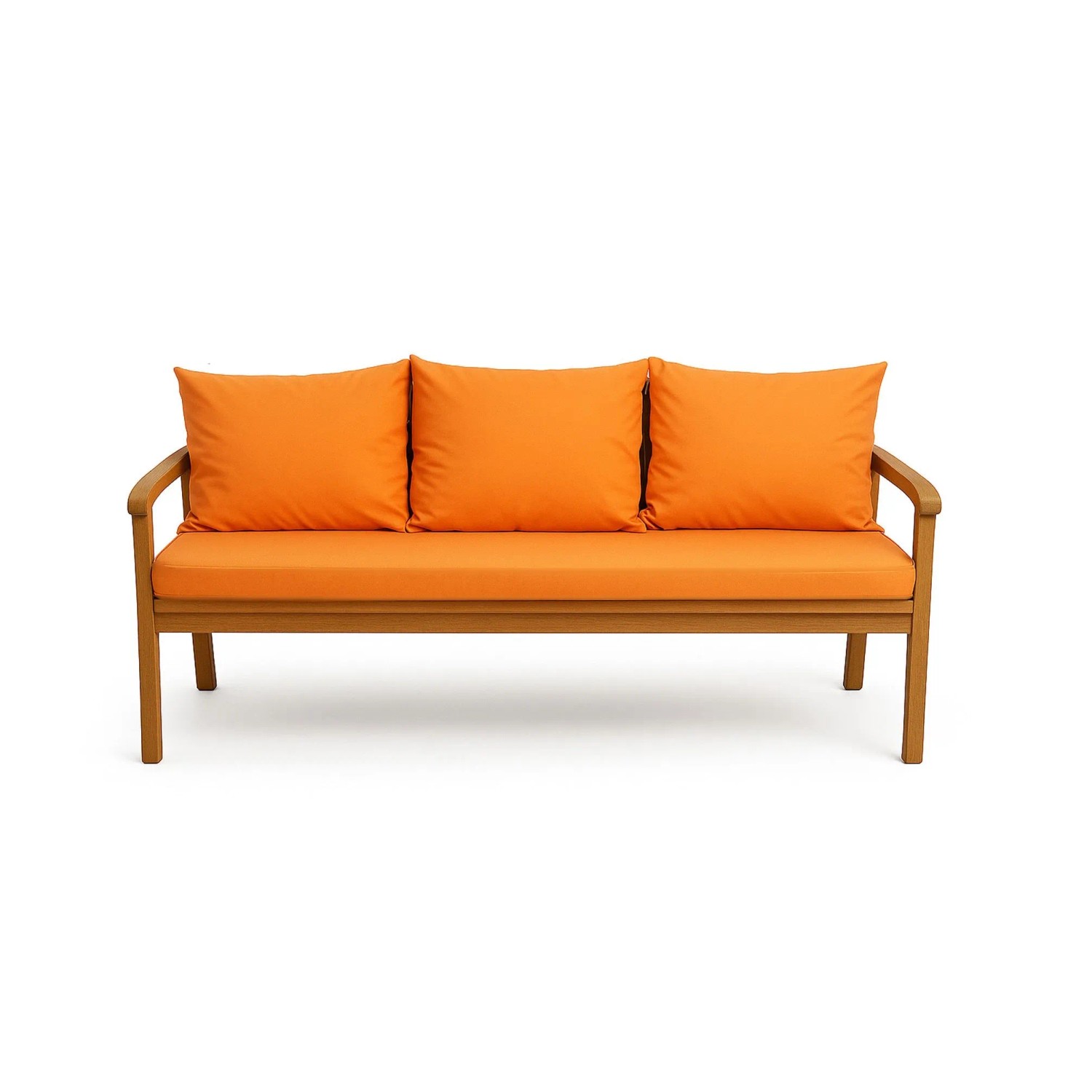 Orangefarbenes Sitzkissen-Set für Gartenbank mit drei Rückenkissen.