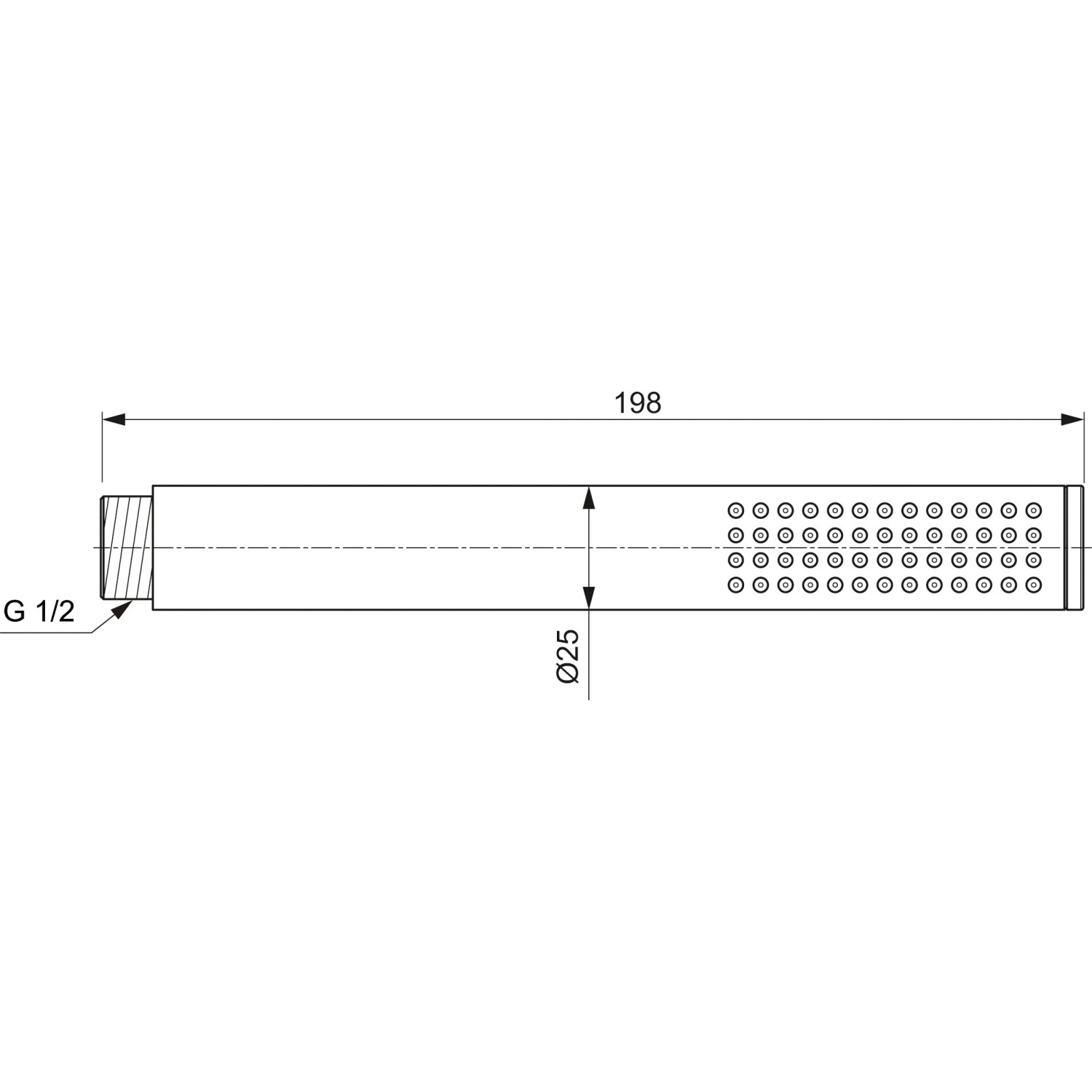 Technische Zeichnung: Ideal Standard Idealrain Atelier Stabhandbrause, Chrom, Maße 198x25mm.