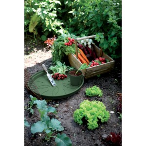 Laubgrüner Elho Untersetzer Green Basics (Ø 14 cm) im Garten mit Gemüse.