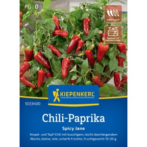 Kiepenkerl Chili-Paprika Spicy Jane F1-Hybride mit roten, scharfen Früchten im Topf.