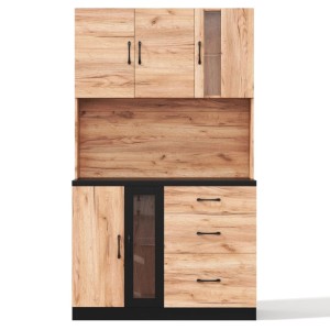 okwish Küchenhochschrank mit LED Beleuchtung Verstellbare Einlegeböden 105x40x180cm Natur Schwarz