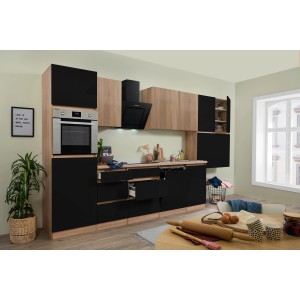 Respekta Premium Küchenzeile GLRP380HESSOES, 380 cm, Schwarz/Eiche NB, grifflos mit E-Geräten.