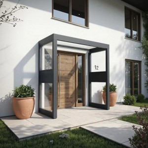 Modernes Palram Vordach Sophia 2150 mit Seitenwänden in Anthrazit und klarer Acrylglas-Überdachung am Hauseingang.