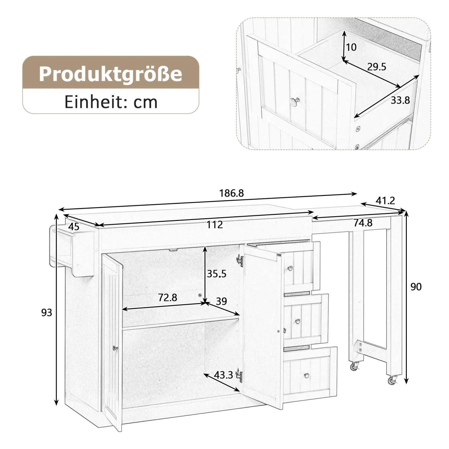 okwish Kücheninsel mit Rollen Schubladen Ausziehbarer Essbereich 112-186.8x45x93cm Schwarz_5