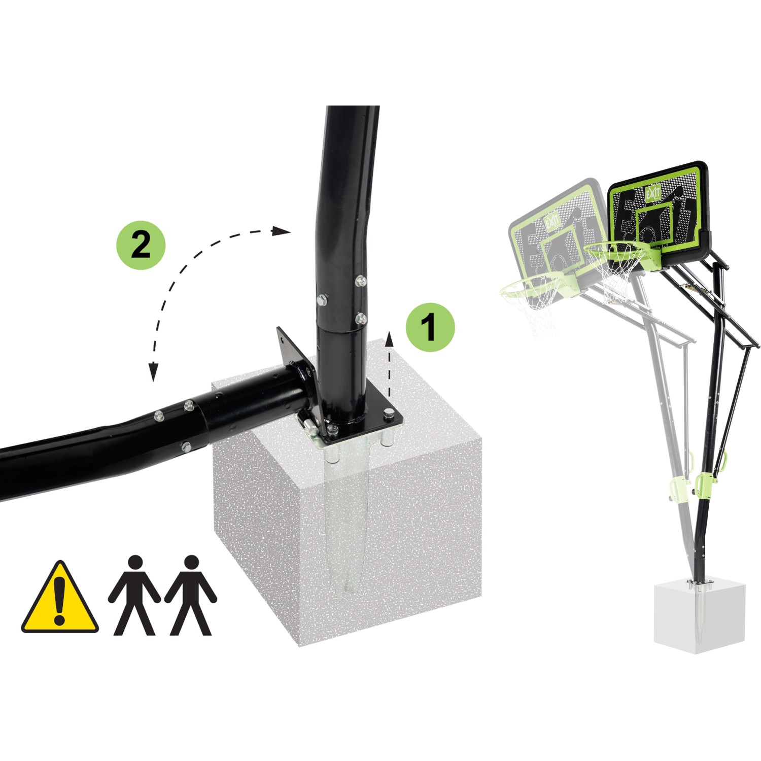 EXIT Galaxy Basketballkorb Black Edition zur Bodenmontage, Detailansicht der Verankerung im Boden.