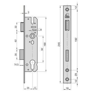 Technische Zeichnung: Basi Einsteck-Rohrrahmenschloss ES 958, Maße und Details für Montage und Einbau.