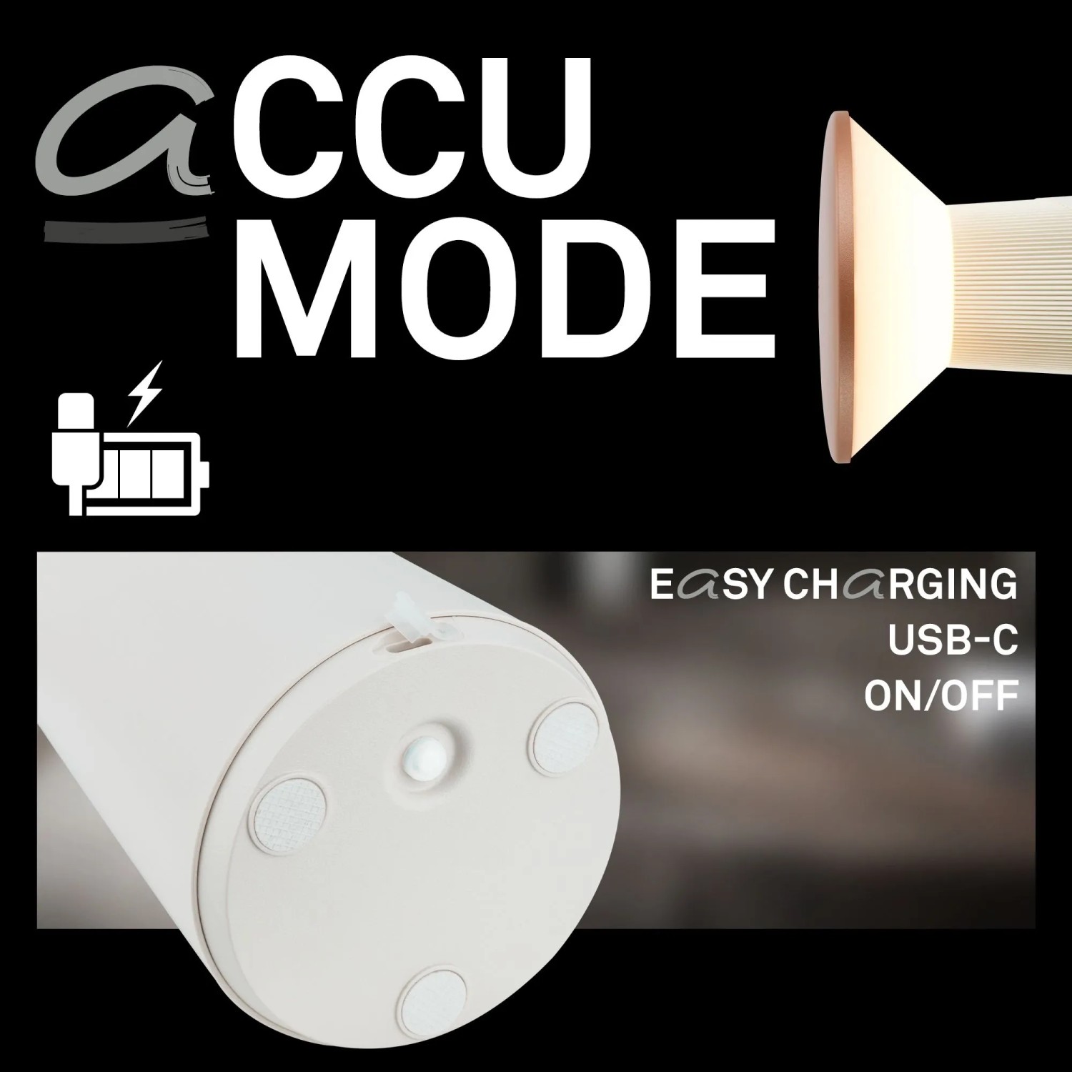 Brilo Akku Tischleuchte Pilia in Coffee: Details zu Akku, USB-C Ladeanschluss und Touch-Funktion.