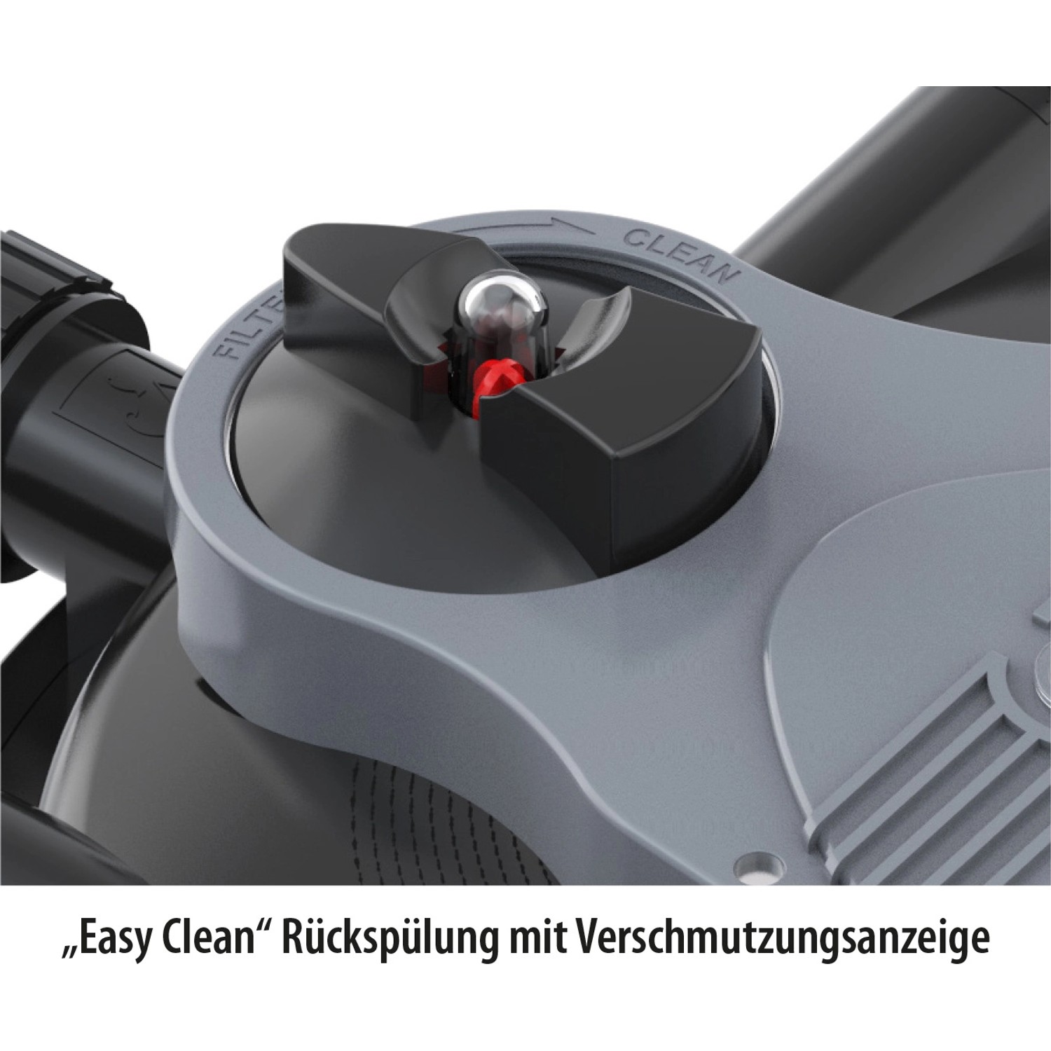 Detailaufnahme: Heissner Druckfilter mit Easy Clean Rückspülung und Verschmutzungsanzeige.