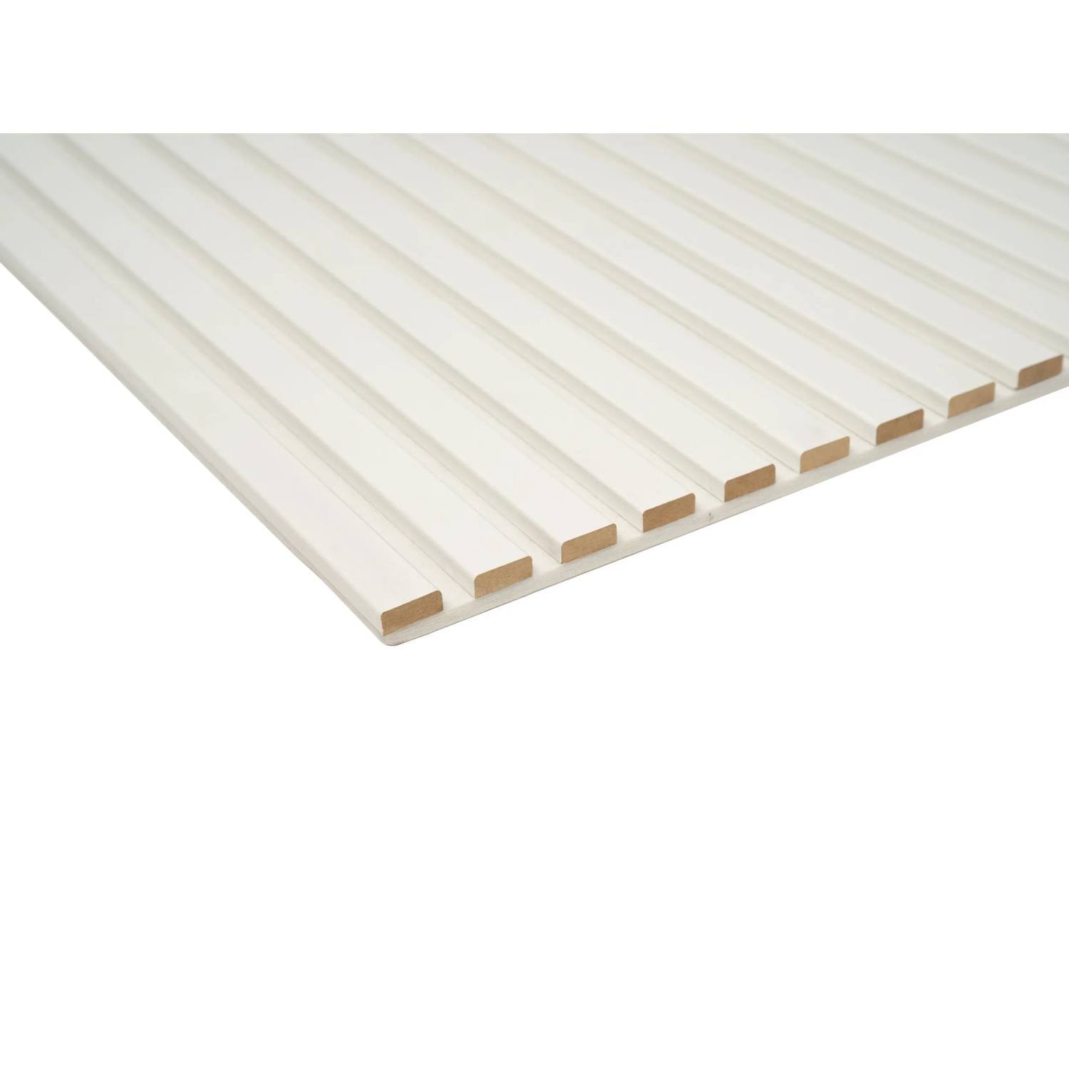 Weißes DenPanels Akustikpaneel (60x60 cm) mit Lamellenstruktur zur Schallabsorption.