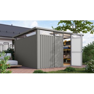 Karibu Metallgerätehaus Amato 4 in Graualuminium mit geöffneter Tür und umlaufendem Lichtband.