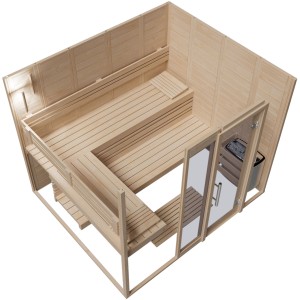 Innenansicht Sauna Eilo EL-BE 40-2117 mit Glastür und Liegen aus hellem Holz.