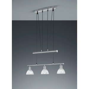 Nickel-matte Trio LED-Pendelleuchte Levisto mit drei alabasterfarbenen Glasschirmen.