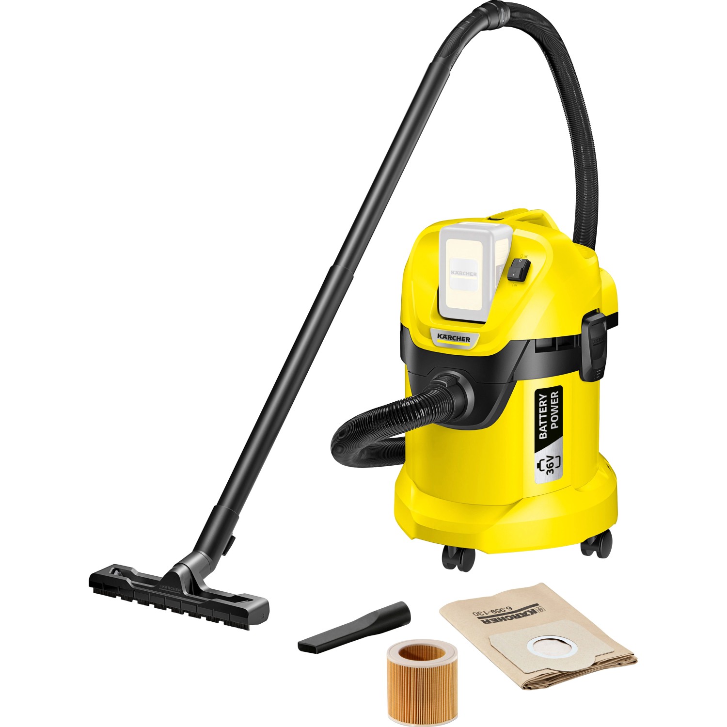 Kärcher Akku-Mehrzwecksauger WD 3 Battery, gelb, mit Zubehör. Nass- und Trockensauger für flexible Reinigung.