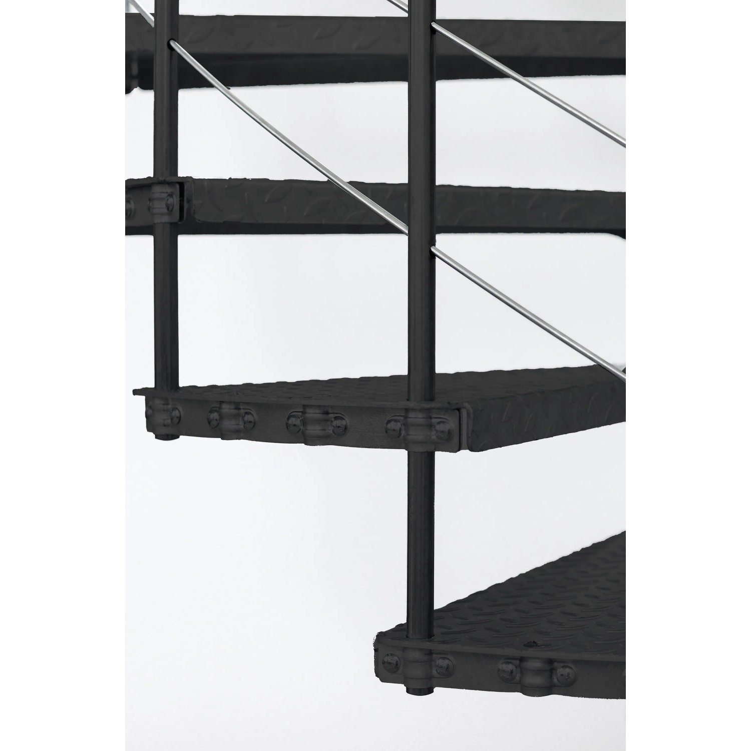 Detailaufnahme: Schwarze Minka Außentreppe Spino Zink, Ø 120 cm, mit Edelstahl-Geländer.