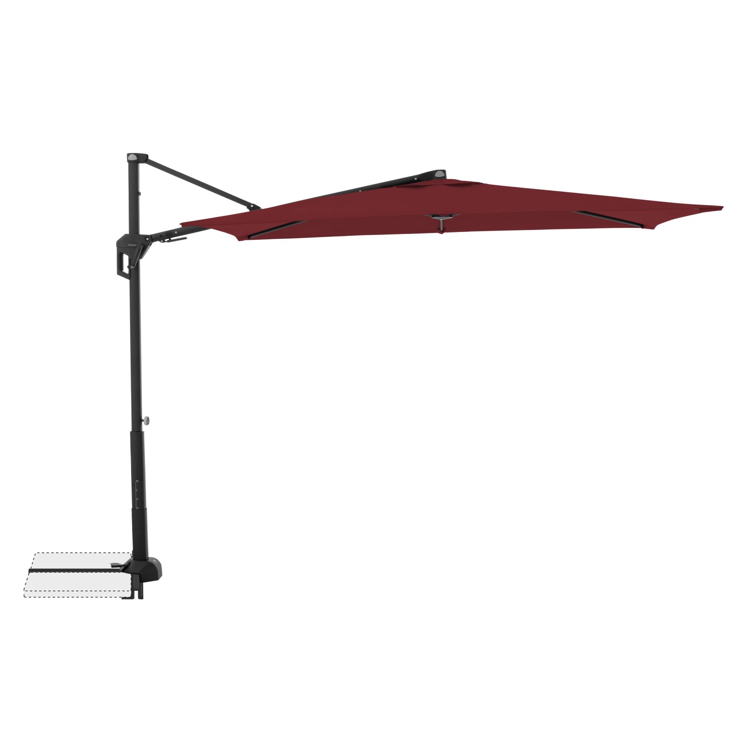 Rechteckiger, bordeauxroter Doppler Balkonschirm Active Green Edition, 240x135 cm, mit schwarzem Gestell.